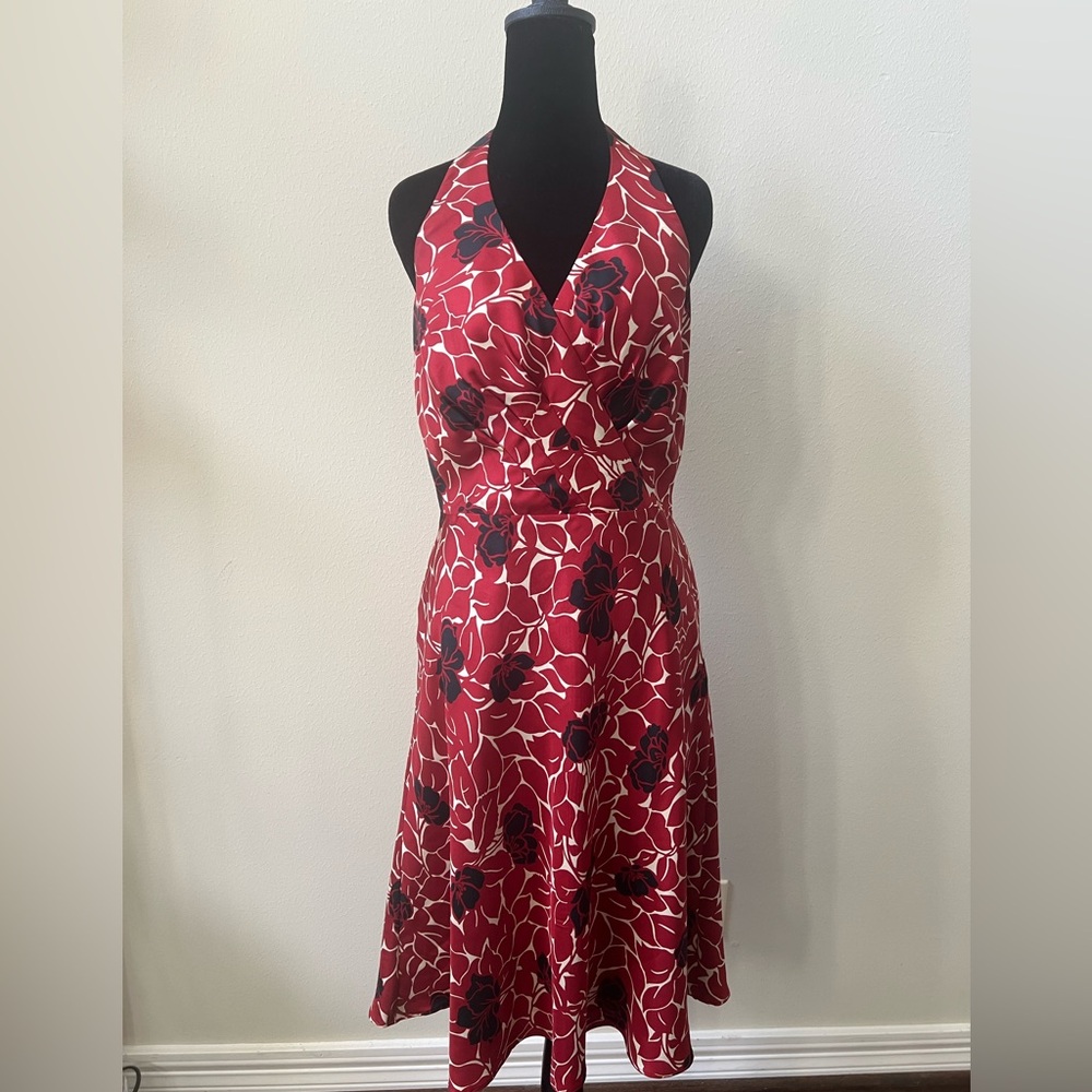Ann Taylor Red and Black Backless Floral Dress